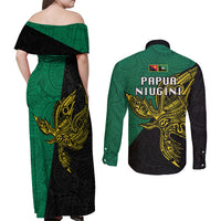 Papua New Guinea Enga Province Couples Matching Off Shoulder Maxi Dress and Long Sleeve Button Shirts PNG Birds Of Paradise Polynesian Arty Style LT03 - Polynesian Pride