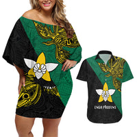 Papua New Guinea Enga Province Couples Matching Off Shoulder Short Dress and Hawaiian Shirt PNG Birds Of Paradise Polynesian Arty Style LT03 Green - Polynesian Pride