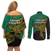 Papua New Guinea Enga Province Couples Matching Off Shoulder Short Dress and Long Sleeve Button Shirts PNG Birds Of Paradise Polynesian Arty Style LT03 - Polynesian Pride