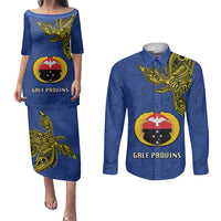 Papua New Guinea Gulf Province Couples Matching Puletasi Dress and Long Sleeve Button Shirts PNG Birds Of Paradise Polynesian Arty Style LT03 Blue - Polynesian Pride