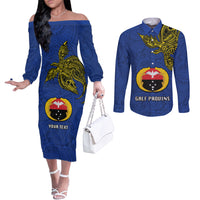 Custom Papua New Guinea Gulf Province Couples Matching Off The Shoulder Long Sleeve Dress and Long Sleeve Button Shirts PNG Birds Of Paradise Polynesian Arty Style LT03 Blue - Polynesian Pride