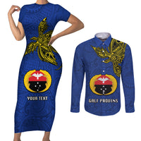 Custom Papua New Guinea Gulf Province Couples Matching Short Sleeve Bodycon Dress and Long Sleeve Button Shirts PNG Birds Of Paradise Polynesian Arty Style LT03 Blue - Polynesian Pride