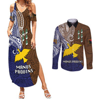 Papua New Guinea Manus Province Couples Matching Summer Maxi Dress and Long Sleeve Button Shirts PNG Birds Of Paradise Polynesian Arty Style LT03 Brown - Polynesian Pride