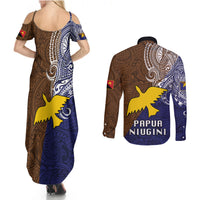 Papua New Guinea Manus Province Couples Matching Summer Maxi Dress and Long Sleeve Button Shirts PNG Birds Of Paradise Polynesian Arty Style LT03 - Polynesian Pride