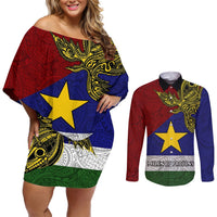 Custom Papua New Guinea Milne Bay Province Couples Matching Off Shoulder Short Dress and Long Sleeve Button Shirts PNG Birds Of Paradise Polynesian Arty Style LT03 Blue - Polynesian Pride