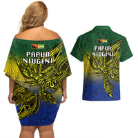Papua New Guinea Morobe Province Couples Matching Off Shoulder Short Dress and Hawaiian Shirt PNG Birds Of Paradise Polynesian Arty Style LT03 - Polynesian Pride