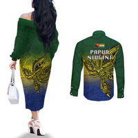 Papua New Guinea Morobe Province Couples Matching Off The Shoulder Long Sleeve Dress and Long Sleeve Button Shirts PNG Birds Of Paradise Polynesian Arty Style LT03 - Polynesian Pride