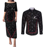 Custom New Zealand Rugby Couples Matching Puletasi and Long Sleeve Button Shirt Maori All Black Championship 2024 and Silver Fern LT03 Black - Polynesian Pride