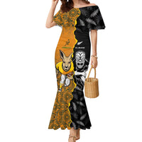 Custom New Zealand and Australia Rugby Championship 2024 Mermaid Dress Maori Warrior and Kangaroo Mascot with Fern Aboriginal LT03 Women Black - Polynesian Pride