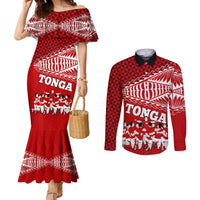 Tonga Rugby Couples Matching Mermaid Dress and Long Sleeve Button Shirts Sipi Tau Dance Ngatu Pattern LT03 Red - Polynesian Pride