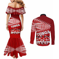 Tonga Rugby Couples Matching Mermaid Dress and Long Sleeve Button Shirts Sipi Tau Dance Ngatu Pattern LT03 - Polynesian Pride