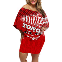 Tonga Rugby Off Shoulder Short Dress Sipi Tau Dance Ngatu Pattern LT03 Women Red - Polynesian Pride