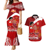Tonga Rugby Couples Matching Mermaid Dress and Hawaiian Shirt Sipi Tau Dance Coat of Arms Ngatu Pattern LT03 Red - Polynesian Pride