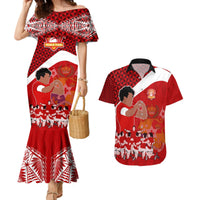Tonga Rugby Couples Matching Mermaid Dress and Hawaiian Shirt Sipi Tau Dance Coat of Arms Ngatu Pattern LT03 Red - Polynesian Pride
