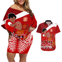 Tonga Rugby Couples Matching Off Shoulder Short Dress and Hawaiian Shirt Sipi Tau Dance Coat of Arms Ngatu Pattern LT03 Red - Polynesian Pride