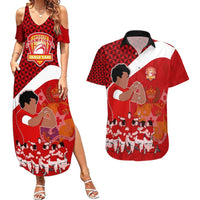 Tonga Rugby Couples Matching Summer Maxi Dress and Hawaiian Shirt Sipi Tau Dance Coat of Arms Ngatu Pattern LT03 Red - Polynesian Pride