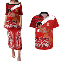 Personalised Tonga Rugby Couples Matching Puletasi Dress and Hawaiian Shirt Sipi Tau Dance Coat of Arms Ngatu Pattern LT03 Red - Polynesian Pride
