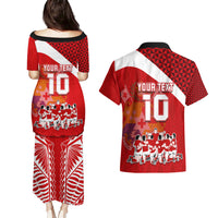 Personalised Tonga Rugby Couples Matching Puletasi Dress and Hawaiian Shirt Sipi Tau Dance Coat of Arms Ngatu Pattern LT03 - Polynesian Pride