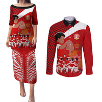 Personalised Tonga Rugby Couples Matching Puletasi Dress and Long Sleeve Button Shirts Sipi Tau Dance Coat of Arms Ngatu Pattern LT03 Red - Polynesian Pride