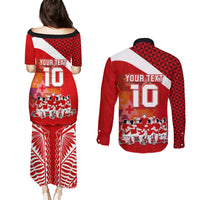 Personalised Tonga Rugby Couples Matching Puletasi Dress and Long Sleeve Button Shirts Sipi Tau Dance Coat of Arms Ngatu Pattern LT03 - Polynesian Pride