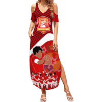 Personalised Tonga Rugby Summer Maxi Dress Sipi Tau Dance Coat of Arms Ngatu Pattern LT03 Women Red - Polynesian Pride