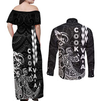 Cook Islands Vaa Polynesian Art Tattoo Couples Matching Off Shoulder Maxi Dress and Long Sleeve Button Shirt Black Color