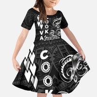 Cook Islands Vaa Polynesian Art Tattoo Family Matching Short Sleeve Bodycon Dress and Hawaiian Shirt Black Color