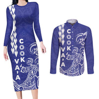 Cook Islands Vaa Polynesian Art Tattoo Couples Matching Long Sleeve Bodycon Dress and Long Sleeve Button Shirt Blue Color