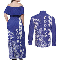 Cook Islands Vaa Polynesian Art Tattoo Couples Matching Off Shoulder Maxi Dress and Long Sleeve Button Shirt Blue Color
