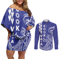 Cook Islands Vaa Polynesian Art Tattoo Couples Matching Off Shoulder Short Dress and Long Sleeve Button Shirt Blue Color