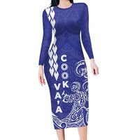 Cook Islands Va'a Polynesian Art Tattoo Family Matching Long Sleeve Bodycon Dress and Hawaiian Shirt Blue Color LT03 Mom's Dress Blue - Polynesian Pride