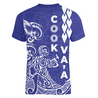 Cook Islands Vaa Polynesian Art Tattoo Women V-Neck T-Shirt Blue Color
