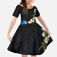 Hawaiian Plumeria and Turtle Family Matching Long Sleeve Bodycon Dress and Hawaiian Shirt with Polynesian Tribal Art Pattern Vintage Vibes LT03 Daughter's Dress Black - Polynesian Pride