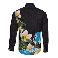 Hawaiian Plumeria and Turtle Long Sleeve Button Shirt with Polynesian Tribal Art Pattern Vintage Vibes