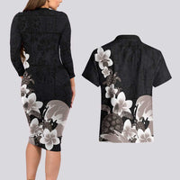 Hawaiian Plumeria and Turtle Couples Matching Long Sleeve Bodycon Dress and Hawaiian Shirt with Polynesian Tribal Art Pattern Grayscale Color
