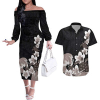 Hawaiian Plumeria and Turtle Couples Matching Off The Shoulder Long Sleeve Dress and Hawaiian Shirt with Polynesian Tribal Art Pattern Grayscale Color LT03 Black - Polynesian Pride