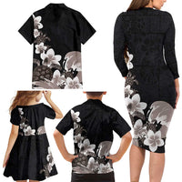Hawaiian Plumeria and Turtle Family Matching Long Sleeve Bodycon Dress and Hawaiian Shirt with Polynesian Tribal Art Pattern Grayscale Color LT03 - Polynesian Pride
