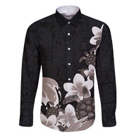 Hawaiian Plumeria and Turtle Family Matching Long Sleeve Bodycon Dress and Hawaiian Shirt with Polynesian Tribal Art Pattern Grayscale Color LT03 Dad's Shirt - Long Sleeve Black - Polynesian Pride