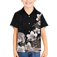 Hawaiian Plumeria and Turtle Family Matching Long Sleeve Bodycon Dress and Hawaiian Shirt with Polynesian Tribal Art Pattern Grayscale Color LT03 Son's Shirt Black - Polynesian Pride