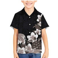 Hawaiian Plumeria and Turtle Family Matching Mermaid Dress and Hawaiian Shirt with Polynesian Tribal Art Pattern Grayscale Color