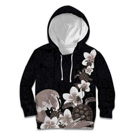 Hawaiian Plumeria and Turtle Kid Hoodie with Polynesian Tribal Art Pattern Grayscale Color