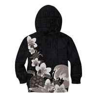 Hawaiian Plumeria and Turtle Kid Hoodie with Polynesian Tribal Art Pattern Grayscale Color