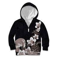 Hawaiian Plumeria and Turtle Kid Hoodie with Polynesian Tribal Art Pattern Grayscale Color