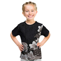 Hawaiian Plumeria and Turtle Kid T Shirt with Polynesian Tribal Art Pattern Grayscale Color