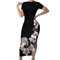 Hawaiian Plumeria and Turtle Short Sleeve Bodycon Dress with Polynesian Tribal Art Pattern Grayscale Color LT03 Long Dress Black - Polynesian Pride