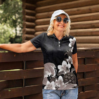 Hawaiian Plumeria and Turtle Women Polo Shirt with Polynesian Tribal Art Pattern Grayscale Color