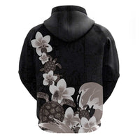 Hawaiian Plumeria and Turtle Zip Hoodie with Polynesian Tribal Art Pattern Grayscale Color