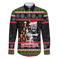 Personalized New Zealand Meri Kirihimete Family Matching Puletasi Dress and Hawaiian Shirt Maori Warrior with Rugby Christmas Tree LT03 Dad's Shirt - Long Sleeve Black - Polynesian Pride
