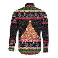 Personalized New Zealand Meri Kirihimete Long Sleeve Button Shirt Maori Warrior with Rugby Christmas Tree LT03 - Polynesian Pride