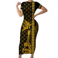 Custom Hawaii Family Matching Short Sleeve Bodycon Dress and Hawaiian Shirt Ukelele and Hula Girl Mix Kakau Pattern LT03 Mom's Dress Yellow - Polynesian Pride